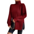 thumbnail image 1 of EYIIYE Chandail d'Automne et d'Hiver pour Femme à Manches Longues, Col Roulé, Tricot, Chandail, Couleur Unie, Ourlet Fendu, Long Tricot, Chandail, Ample, Décontracté, Confortable, Hauts, 1 of 8