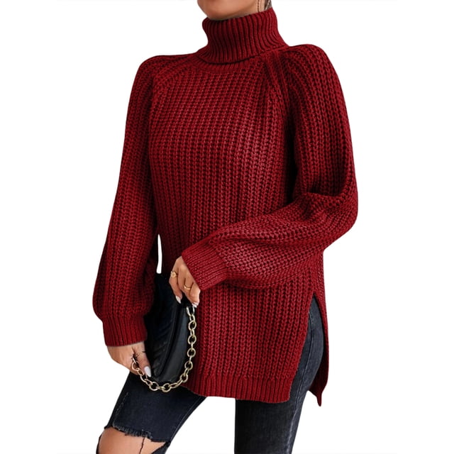 EYIIYE Chandail d'Automne et d'Hiver pour Femme à Manches Longues, Col Roulé, Tricot, Chandail, Couleur Unie, Ourlet Fendu, Long Tricot, Chandail, Ample, Décontracté, Confortable, Hauts