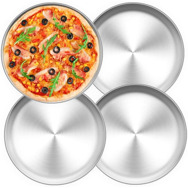 Pizza tray, set of 4, stainless steel, round pizza shape, pizza baking tray for baking in the oven, ∅ 26 cm, healthy & durable, easy to clean & dishwasher-safe