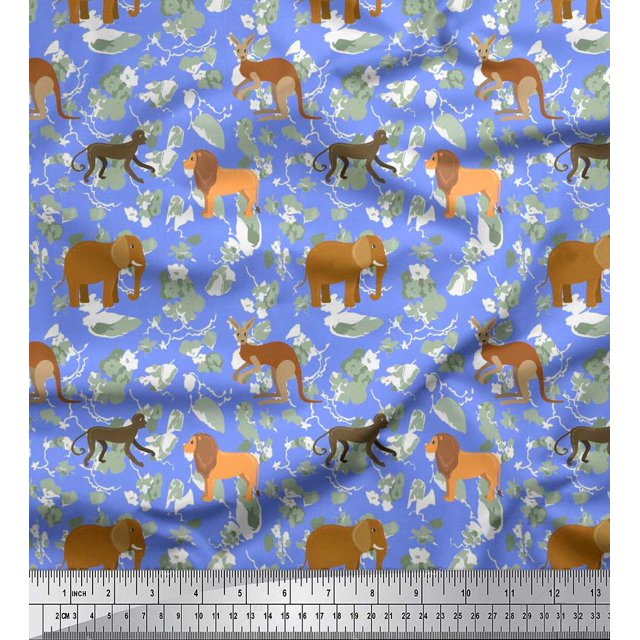 Soimoi Georgette Viscose Fabric Kangaroo,Elephant & Lion Animal Printed Craft Fabric by The Yard 42 Inch Wide