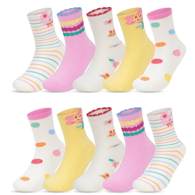 Fgnfyis Socks for Girls, 5 pairs of funny crew socks in XL size, featuring colourful designs such as stripes, polka dots, and floral patterns. Made from soft, breathable knit fabric with elastic cuffs for comfort and durability. Classic socks suitable for ages 9-12 years.