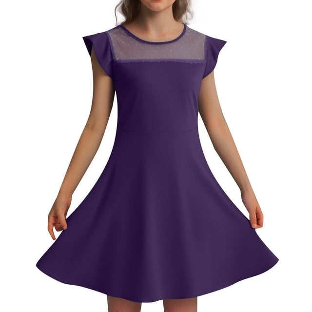MIASHUI Girls Summer Casual Party Dress with Ruffle Sleeves and Mesh A-Line Design Featuring Convenient Pockets for Kids Dark Purple,7-8 Years