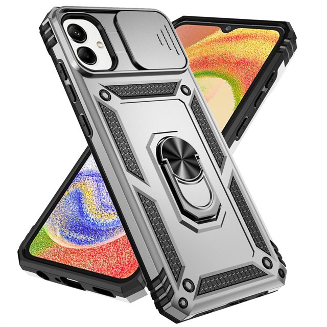 For Samsung Galaxy A05 Case for Samsung Galaxy A05 Cover Shell Bumper Kickstand Armor Phone Case in silvery color. Features a dual-layer design with a matte anti-glare finish, non-slip grip, and anti-fingerprint properties. Includes a built-in kickstand for hands-free use and precise cutouts for ports and buttons. Compatible with Samsung Galaxy A05, A05s, and A15 models.