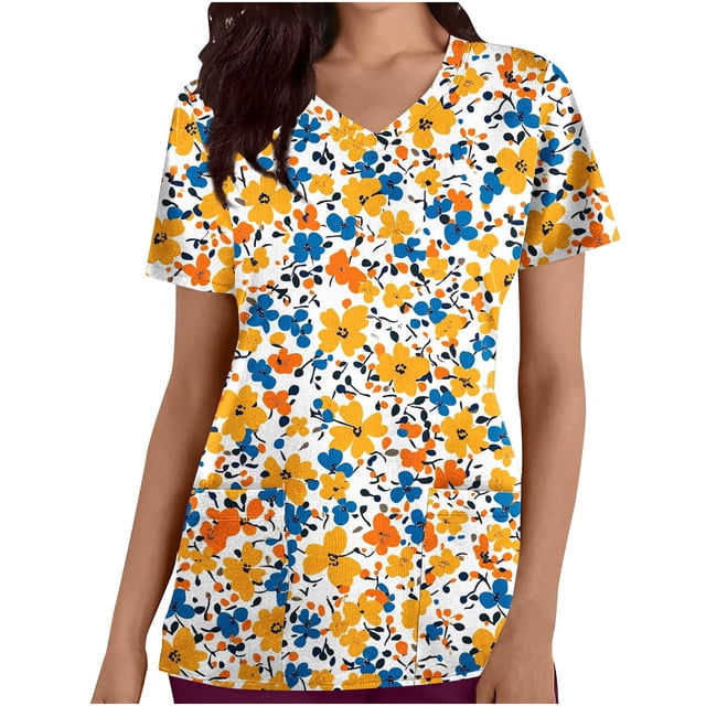 Pisexur womens scrub top featuring a vibrant floral print in yellow, orange, and blue on a white background. This short-sleeve scrub top includes a V-neck design and two convenient front pockets, making it suitable for nursing uniforms. Made from a breathable polyester-spandex blend, it offers a loose and comfortable fit for daily wear.