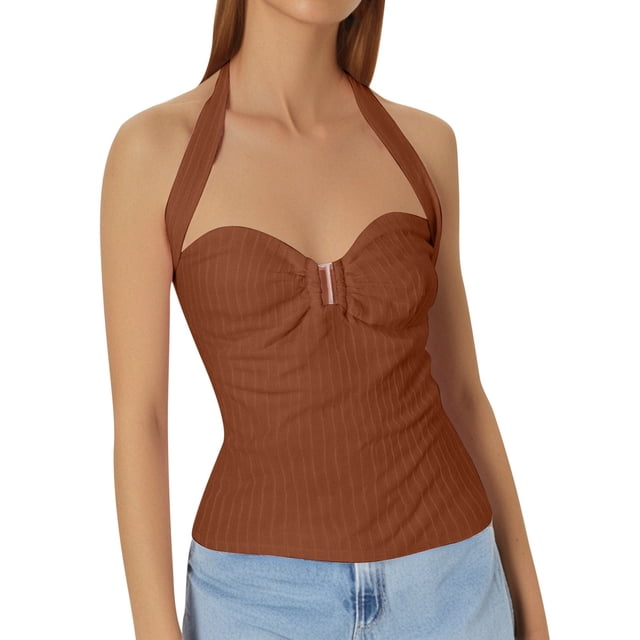 A Fashionable And Sexy Backless Navel Lace Up Solid Color Top For Ladies