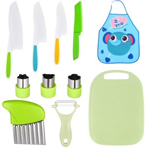 11 Pcs Kids Kitchen Knife Tools,Kids Knife Set Include Apron,Crinkle Cutter,Y Peeler,Cutting Board,Fruit Cutters Mold,Serrated Edges Plastic Knifes for Real Cooking Kid Safe Knives