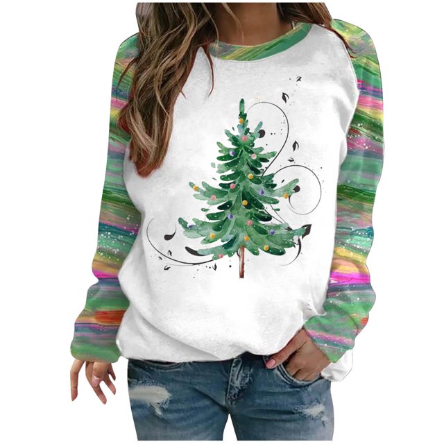 EQWLJWE Chandails de Noël pour Femmes à Manches Longues Col Rond Chandails Chandail Hauts de Sapin de Noël et Verts Frais Haut à Manches Raglan Teint Chandails de Noël pour Femmes Grandes Tailles
