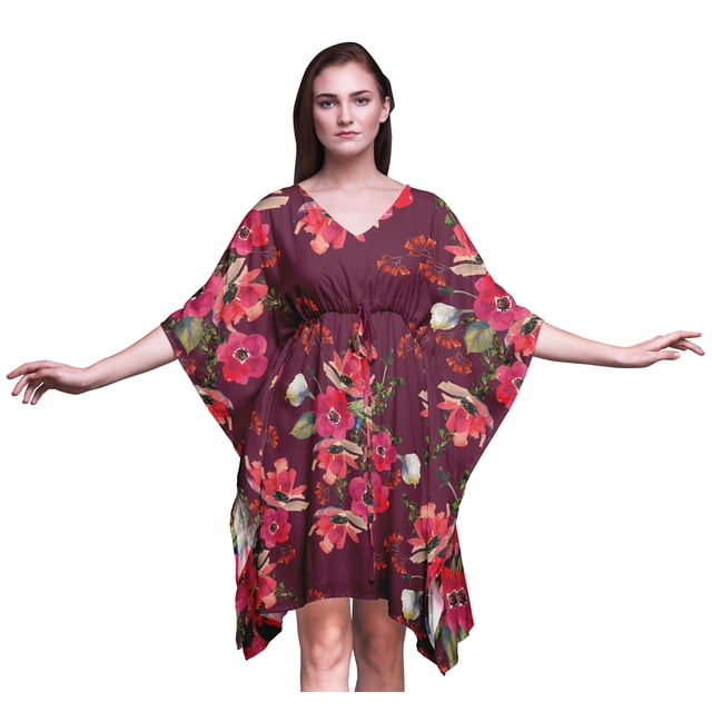 Bimba Kaftan pour Femmes à Fleurs, Tenue d'Intérieur de Vacances, Robe Midi, Couvre-Maillot de Plage-S-L