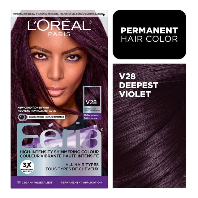 Oréal Paris Feria L' Teinture Capillaire Permanente en V28 Teinte Violet la Plus Profonde, Offrant une Couleur Violette Scintillante à Haute Intensité avec des Mèches 3X et une Formule Végane. Comprend un Nouvel Revitalisant avec Complexe de Liaison pour une Couleur Vibrante et Longue Tenue, Convient à Tous les types de Cheveux.