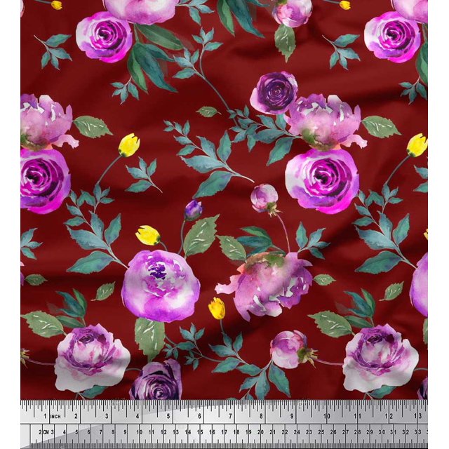 Soimoi Red Cotton Poplin Fabric Leaves & Ranunculus Floral Fabric Prints By Yard 42 Inch Wide
