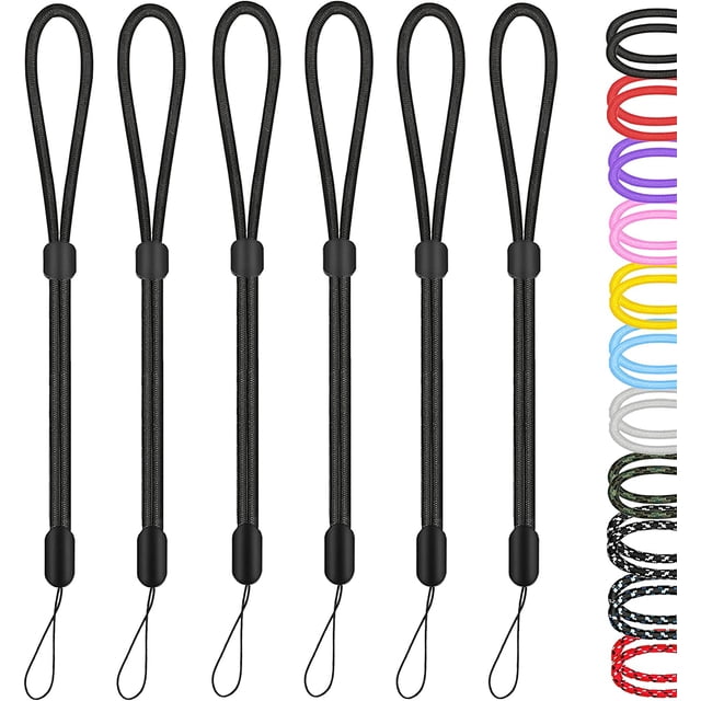 ORUYROP Adjustable Nylon Wristlet Strap Lanyard, with Keychain String, Black & Multicolor, 9.5 inch, 6 Pack. The image shows six black nylon wrist straps with adjustable sliders, each featuring a keychain string loop at the end. To the right, a variety of multicoloured straps are displayed, including red, yellow, blue, and camouflage patterns. These durable straps are suitable for carrying devices like smartphones, cameras, and USB drives, with a maximum load capacity of 5kg.