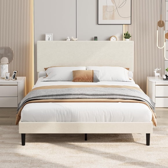 Queen Size Bed Frame with USB Charging Station, Corduroy Upholstered Platform Bed Frame with Adjustable Storage Headboard, Wooden Slats Support, No Box Spring Needed, Easy Assembly, Beige
