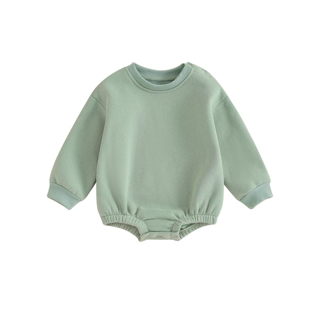 Pudcoco Infant Baby Fall Fleece Jumpsuit in solid green color, featuring a round neck, long sleeves, and elastic cuffs. Made from 95% cotton and 5% spandex, this romper is designed for newborns and toddlers aged 0-18 months. It includes a button on the shoulder and a bottom snap closure for easy dressing and diaper changes. Suitable for casual autumn wear, this jumpsuit offers warmth and comfort for daily use or special occasions.