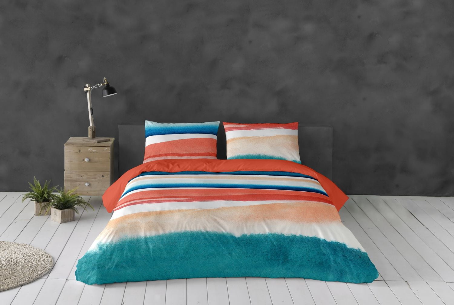 Ensemble de housse de couette 3 pièces Dilara à rayures aquarelles de Gouchee Home – Réversible corail et bleu