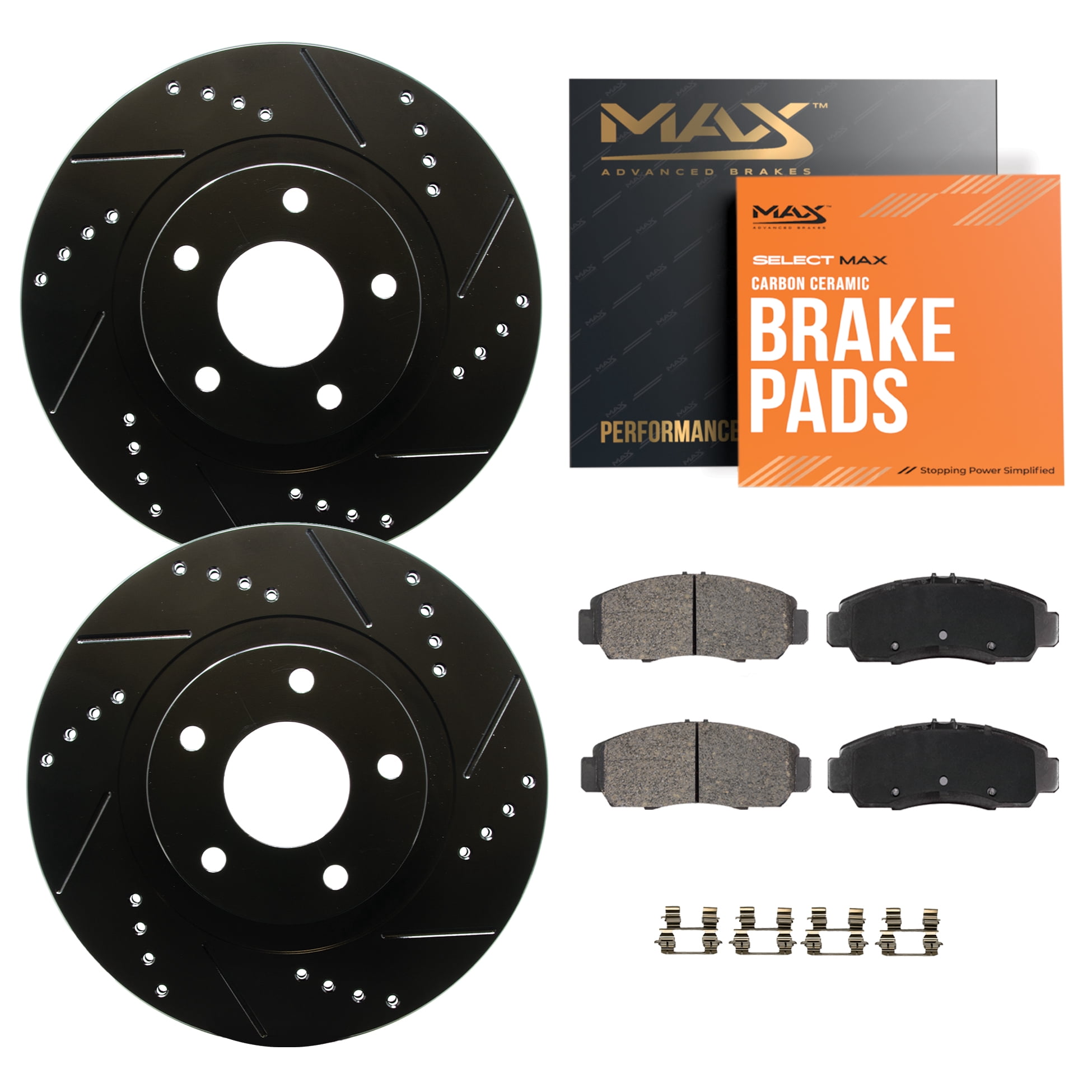 MAX Advanced Brakes - Front Brake Kit For 2005-2006 Mitsubishi Outlander| Carbon Ceramic Brake Pad and Rotor Kit| Drilled Slotted Brake Rotors
