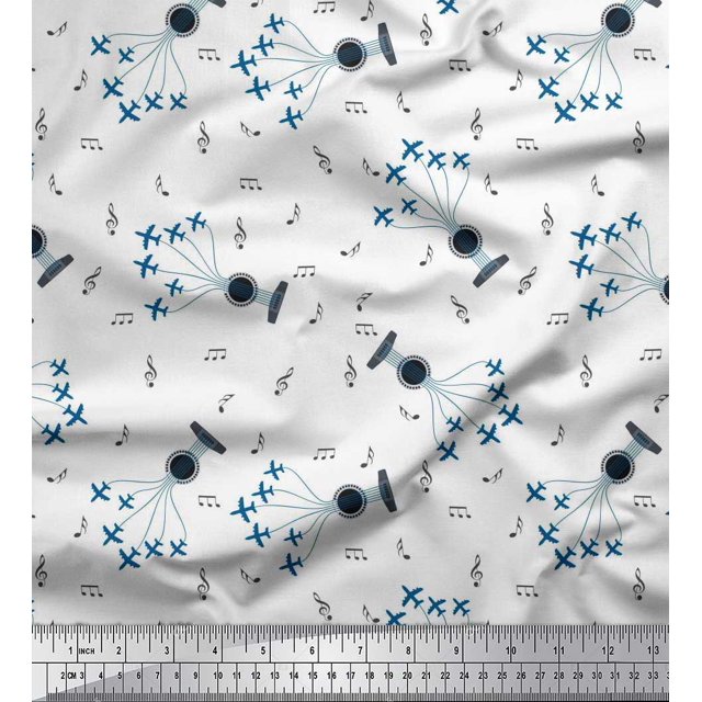 Soimoi Viscose Chiffon Fabric Airplane,Guitar Wire & Notes Musical Instrument Printed Fabric 1 Yard 42 Inch Wide