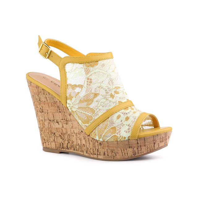 BLISSFUL STEP Chaussures pour Femmes Sandales à Talon Compensé à Plateforme à Bout Ouvert avec Lacets Jaune Vert 5,5