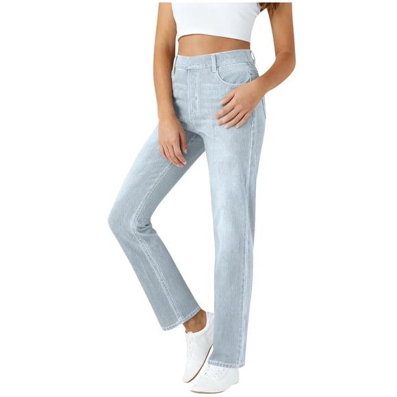 Pxkloy Women's Slim Fit Faux Jeans Pull On High Elastic Waist Trousers Solid Pockets Casual Denim Ankle Pants Gray,M