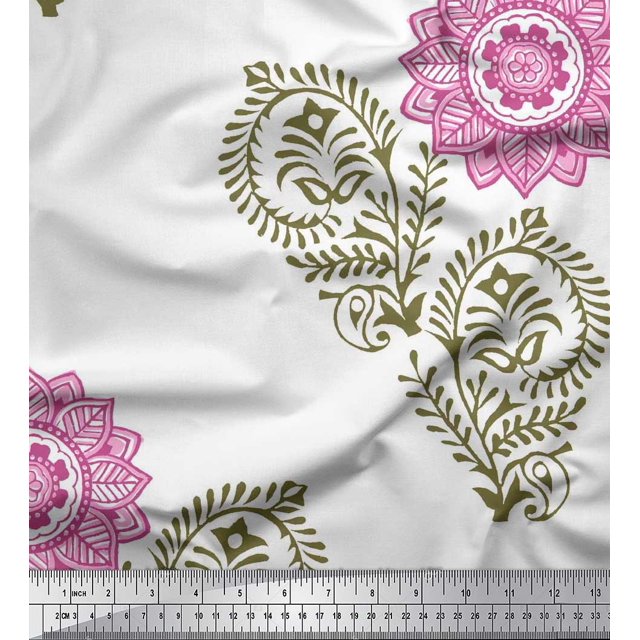 Soimoi Polyester Crepe Fabric Paisley,Leaves & Floral Mandala Block Print Fabric by The Yard 52 Inch Wide