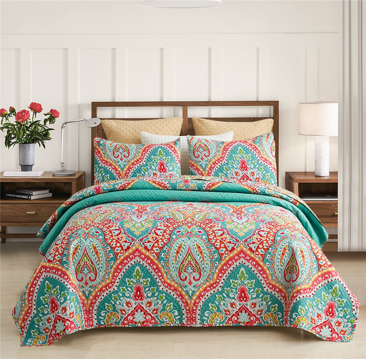 JML Quilt Set 3 Piece, Embossed Bedspread Bedding Set with 2 Shams, Queen, TurquoIse & Tangerine