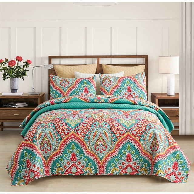 JML Quilt Set 3 Piece, Embossed Bedspread Bedding Set with 2 Shams, King, TurquoIse & Tangerine