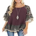 thumbnail image 2 of Women 3/4 Sleeve Solid Floral Hem Leopard Print Blouse Loose Top, 2 of 5