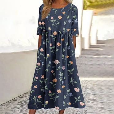 Weiqiqre Robes Maxi pour Femmes Dames Tendance à Manches Courtes Mode avec Poche Plage Été Robes Évasées à Imprimé Floral pour Femmes