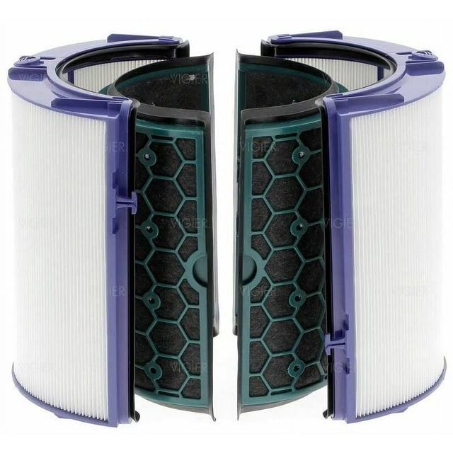 Advanced Air Purifier Filter Replacement for Dyson, featuring a True HEPA and activated carbon combo designed for models HP04, TP04, and DP04. The image shows two sets of filters with a dual-layer design, including a white pleated HEPA filter and a green honeycomb-patterned activated carbon layer. Equipped with a rubber seal for a fully sealed filtration system, these filters effectively remove airborne contaminants and odors, ensuring high-efficiency filtration for home and office use.