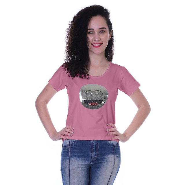 Moomaya T-shirt à Manches Courtes pour Femmes avec Col Rond, Écusson à Paillettes, Coupe Décontractée - Q6