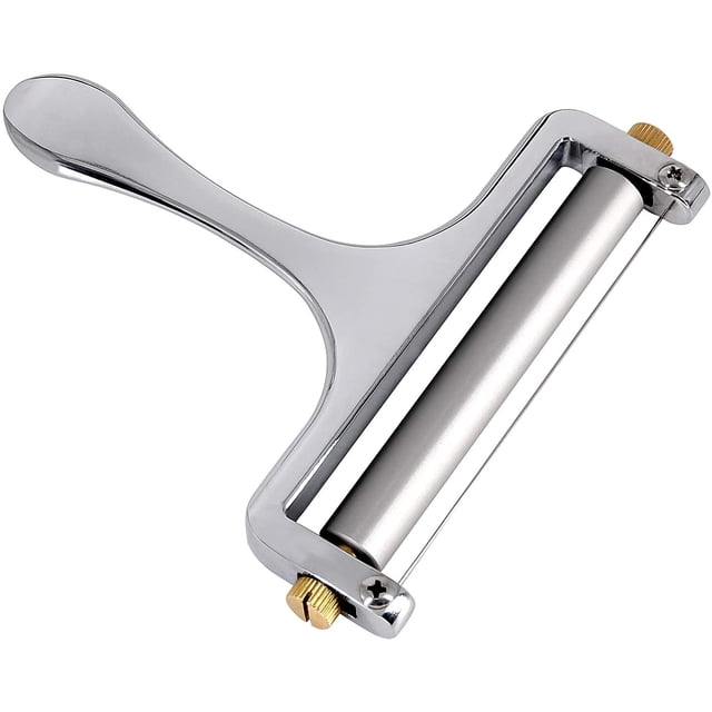 Bonison Stainless Steel Cheese Slicer with adjustable thickness wire cutter, ergonomic handle, and chrome finish. Ideal for slicing soft and semi-hard cheeses for kitchen use or cheese platters. Features durable stainless steel wire and roller for precise thickness control.