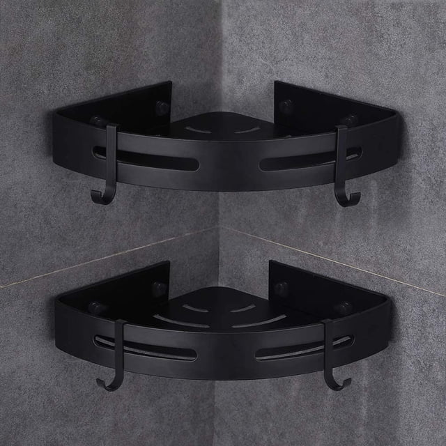 Étagères de Douche d'Angle pour le Bain, Support Adhésif par Biinggo, Lot de 2 de Paniers de Douche d'Angle en Aluminium Spatial Antirouille à Fini Mat. Comprend du Ruban Adhésif Double Face et de la Colle pour une installation Sans Perçage et Sans Dommages. Chaque Tablette Supporte jusqu'à 20 Lb et Comprend des Crochets pour Accrocher des Accessoires, Idéal pour les Salles de Bain Modernes.