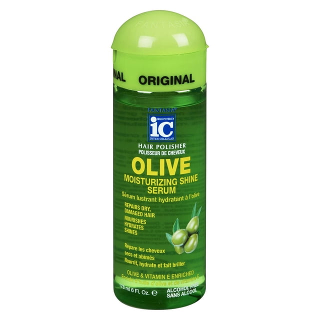 Fantasia Olive Moisturizing Shine Serum in a 178 ml green translucent bottle with lime green cap labeled ORIGINAL, a hair polisher serum that nourishes, hydrates, and repairs dry, damaged hair while enhancing shine with olive oil and vitamin E, alcohol-free formula.