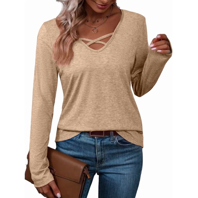T-Shirt Blouse Décontracté pour Femmes à Manches Longues, Col en V, Mode, Confortable, Extensible, Couleur Unie, Jaune, TG