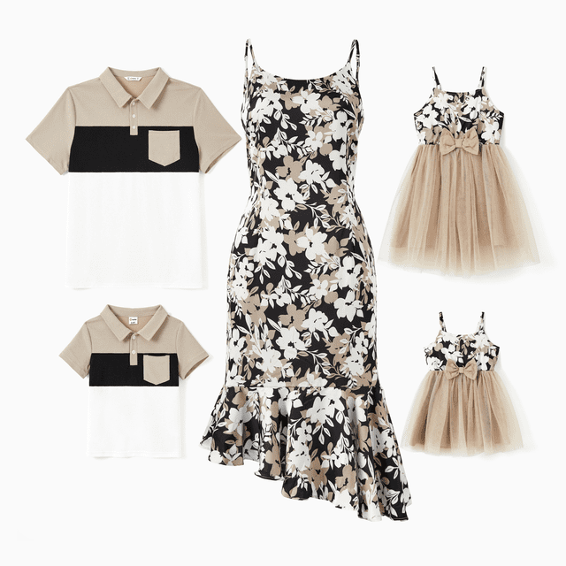 PatPat Family Matching Sets Color Block Shirt or Floral Body-con Asymmetrical Hem/Tulle Strap Dress