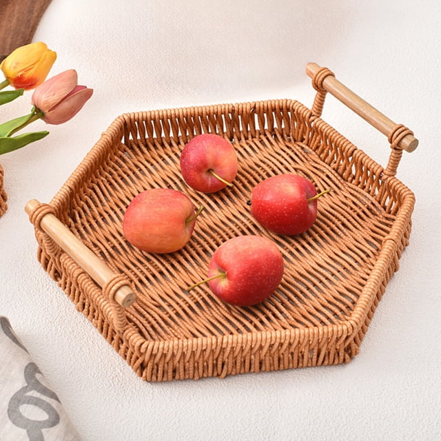 ZZkhGO Woven Storage Basket with Handle, Imitation Rattan Bread Fruit Tray, Kitchen Living Room Picnic Organizer for Home