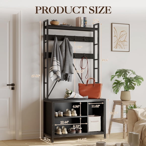 EDTara 5-in-1 Hall Tree with Bench, Coat Rack, Shoe Storage, Drawers, and Top Shelf – 36.41'' Freestanding Entryway Organizer with 17 Hooks for Mudroom or Entryway