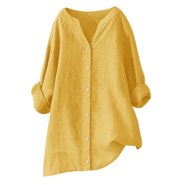 lcziwo Liquidation Aujourd'hui Chemise en Lin pour Femmes, Chemises en Coton et Lin pour Femmes Été Mode 2024 Hauts Grande Taille Manches 3/4 Roulées Chemise Boutonnée Coupe Ample Blouse Jaune, m