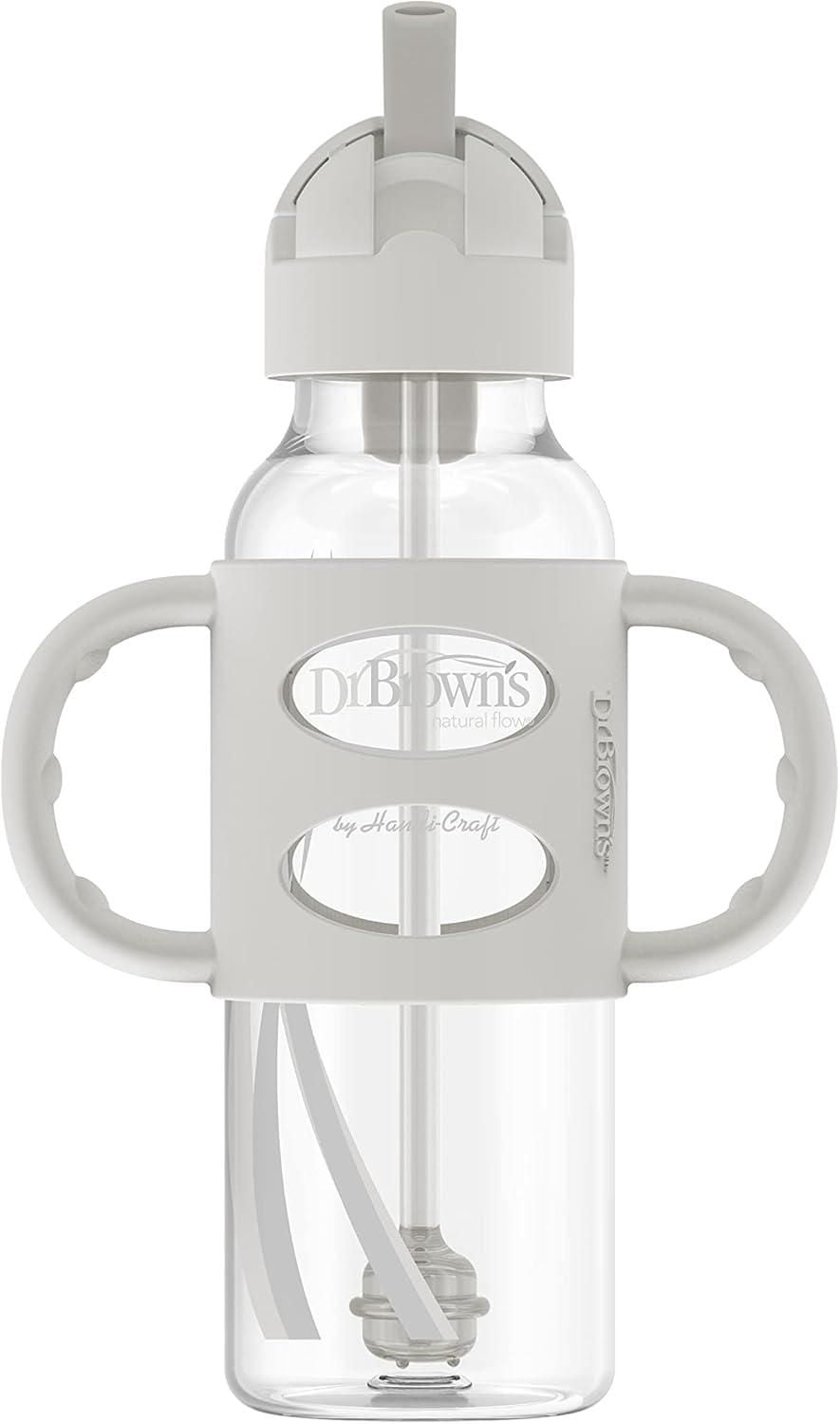 Dr. Brown's Milestones Narrow Sippy Straw Bottle, Spill-Proof with 100% Silicone Handles, Gray/Blue, 6m+, 2x8oz Bottles