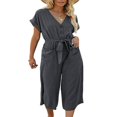 thumbnail image 1 of Women‘s Wide Leg Jumpsuits Buttons Front V Neck Rompers Summer Loose Fit Playsuit with Belt Pockets, 1 of 5