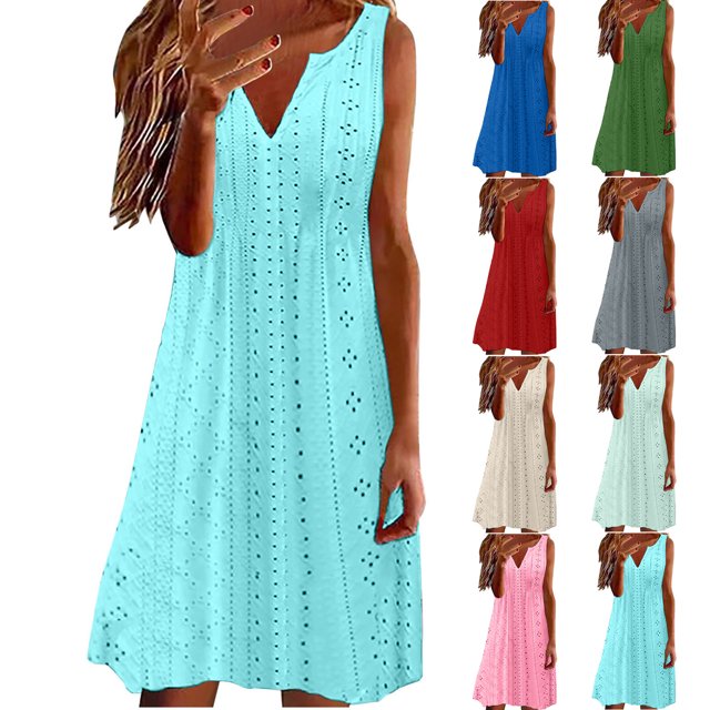 Gspmoly Robes Grande Taille pour Femmes aux Formes, Mode Femmes Été Décontracté Uni Col en V Sans Manches Robe Mini Robes de Vacances pour Femmes jusqu'à 70 % de Rabais
