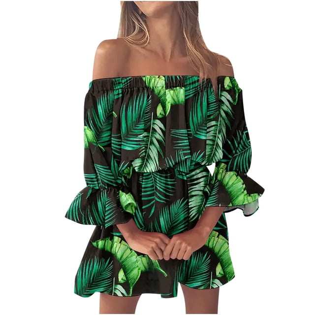 Ketyyh-chn99 Robes Maxi pour Femmes 2024 Robe Évasée à Fleurs Robe Maxi d'Été pour Femme Côtelée Sans Bretelles Longue Décontractée Élégante Robes de Soirée Vert,TG