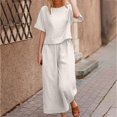 thumbnail image 2 of Womens Pants Suit Round Neck Short Sleeve Solid Color Tops Wide Leg Pants Ladies Summer Casual Pants Set, 2 of 4