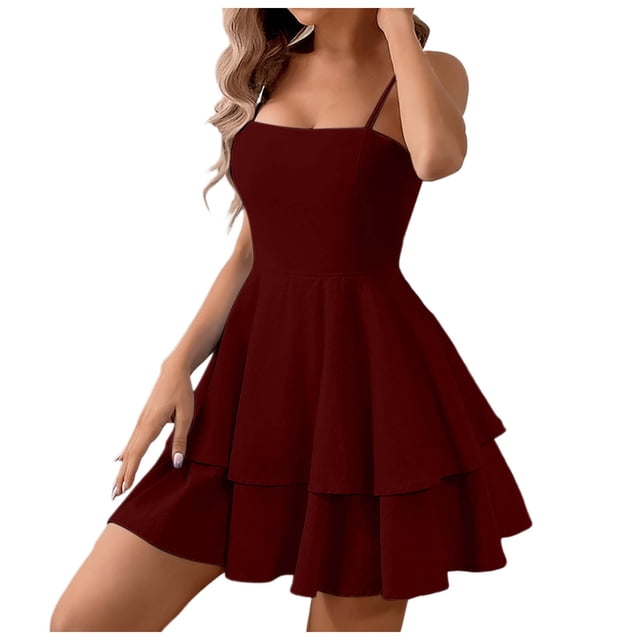 Women's Summer Blue Sling Dress - Square Neckline Backless Bow, Mesh Fabric, Double Ruffle Hem, Casual/Party