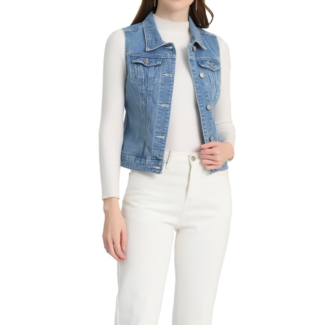 INSPIRE CHIC Women's Washed Denim Button Sleeveless Vest Jacket with Pockets S Light Blue-B