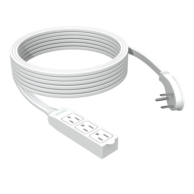 Stanley Cordmax Home 15' Indoor Polarized Cord with three grounded outlets and a 45° angle flat plug that prevents blocking, coiled white extension cord ideal for indoor use with desk lamps, chargers, and electronic devices.