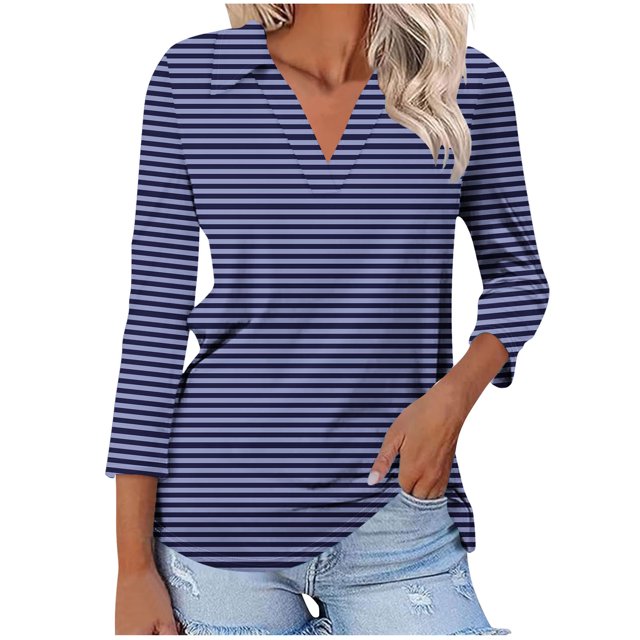 Timegard Tuniques Rayées pour Femmes Col à Revers en V Manches 3/4 T-Shirts Blouses Décontractées Mode