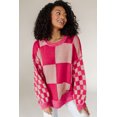 thumbnail image 4 of FOLUNSI Chandail à Carreaux Rose Rouge - Tricot Chic à Épaules Tombantes, 4 of 8