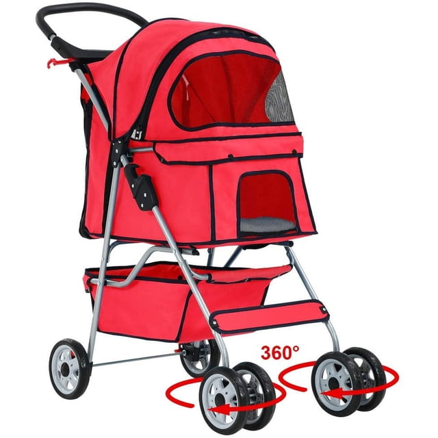 BestPet Folding Pet Stroller Travel Carrier for Cats & Dogs, Portable Cage Design, Red