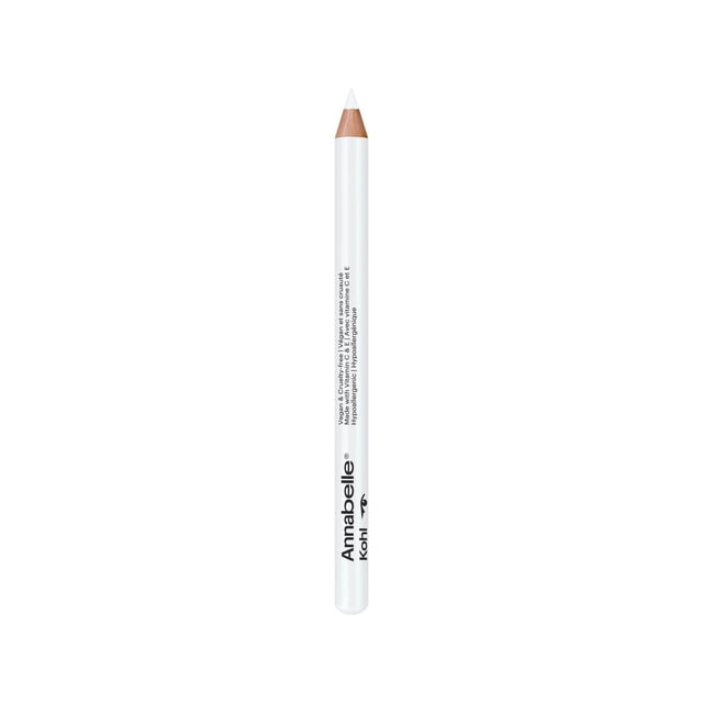 Annabelle Kohl Matte Eyeliner, 117 Pure White, a sharpened white pencil eyeliner with a matte finish and smooth solid formula for precise lash base application, vegan, cruelty-free, hypoallergenic, and suitable for sensitive eyes and contact lens wearers, often used to brighten the waterline.