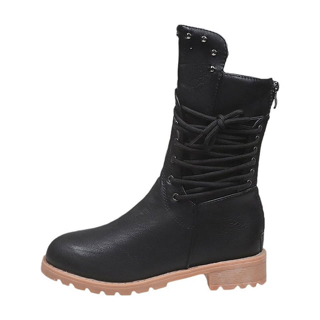 LOVZFMLL Bottes pour Femmes Mi-Mollet Bottes d'Hiver à Lacets Bout Rond Sangles Ajustables Talon Bas Épais Décontractées Mode Automne Chaussures